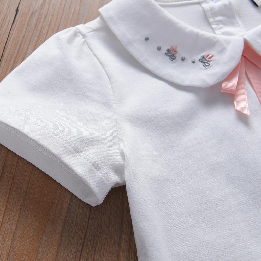 Kids Shirt Embroidered Peter Pan Collar Pink Bow Short Sleeve Summer Clothing for Ages 3-6 Girls