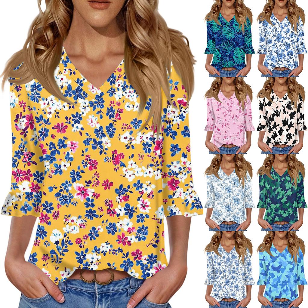 Women's Casual 3/4 Sleeve Tops V-Neck Sleeve T-Shirt Floral Print Tops