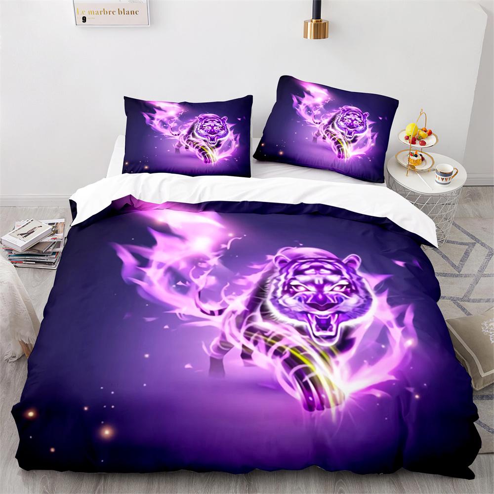 Purple Fire Tiger Duvet Cover Set 3D Print Wild Animals Queen King Size Bedding Set For Kid Boy Teen Comforter Cover With Zipper