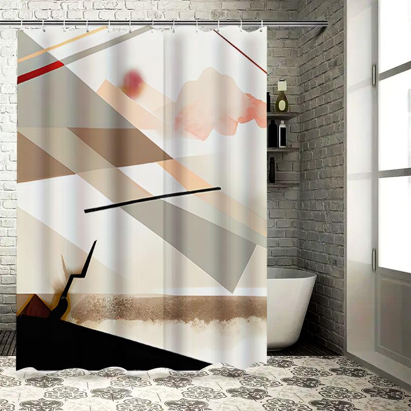 

Modern Geometric Print Shower Curtain Waterproof Bath Decoration With Handles Beige, Brown Coral Rectangles (180X240Cm) W60H190(CM)-1 Pcs