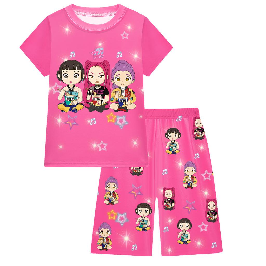 KPOP Mädchen T-Shirt und Hosen Set, Demon Slayer Cartoon, Zweiteiliges Kurzarm- und Shorts-Set für große Kinder