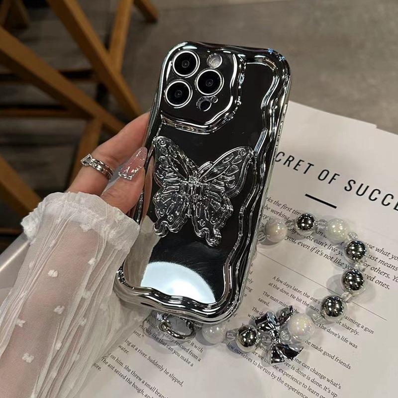 Applicable to Apple 17 mobile phone case three-dimensional silver butterfly iPhone16promax electroplating fashion style women's bracelet