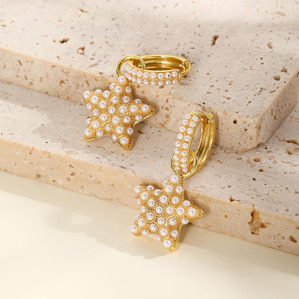 Pentagram Baroque Gold Faux Pearl Earrings: Square & Peach Heart Hoop Dangle - Women's Celebrity Style Jewelry