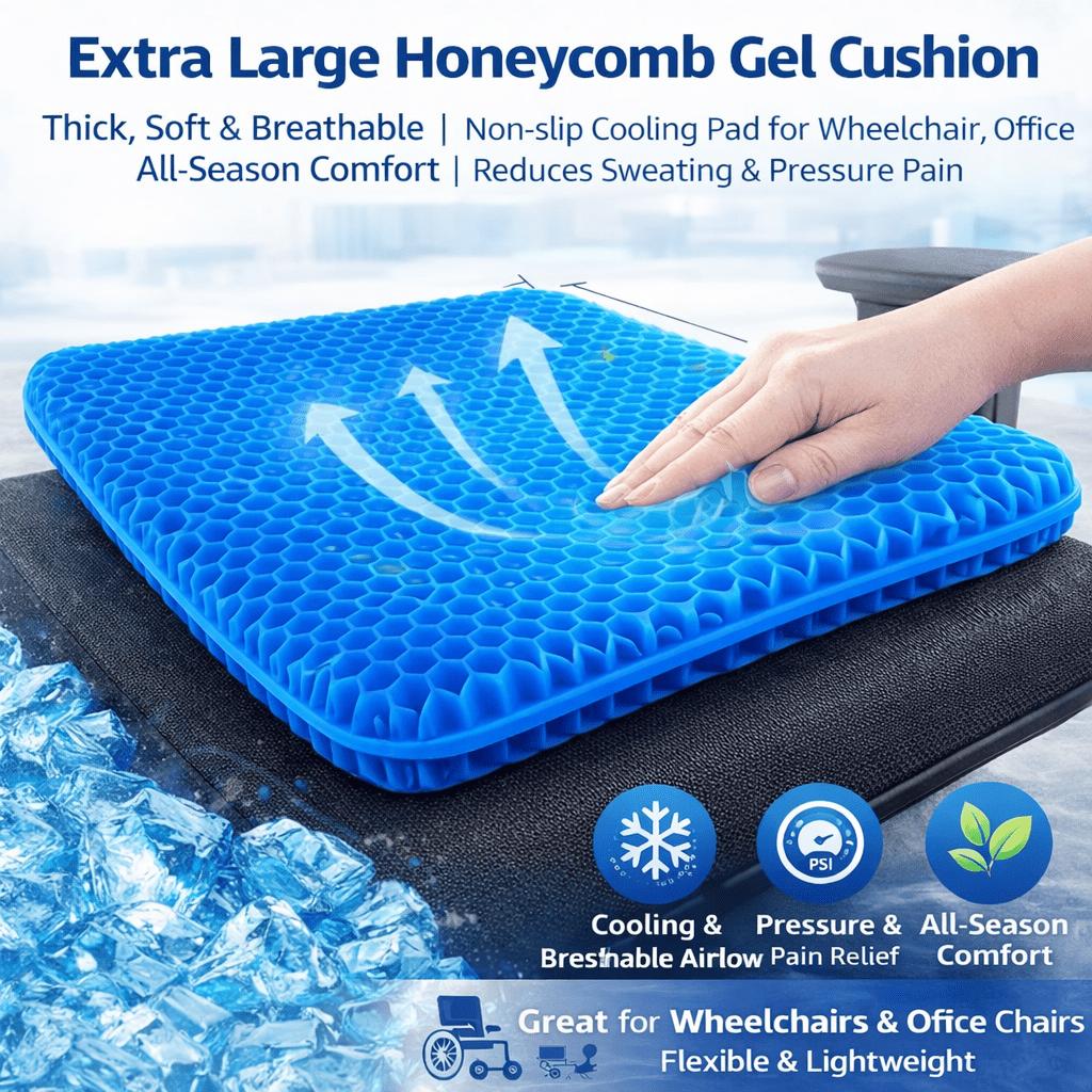Cuscino Gel Extra Large a Nido d'Ape, Tappetino Rinfrescante per Sedia da Ufficio, Sedile Auto, Carrozzina, Copertura Traspirante Antiscivolo