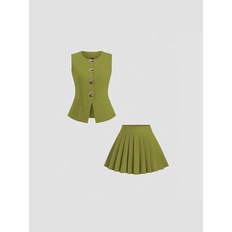 JKASHDK Women's Fashion Casual Summer Spring Solid Color Print Sleeveless O-Neck Skirt Suits