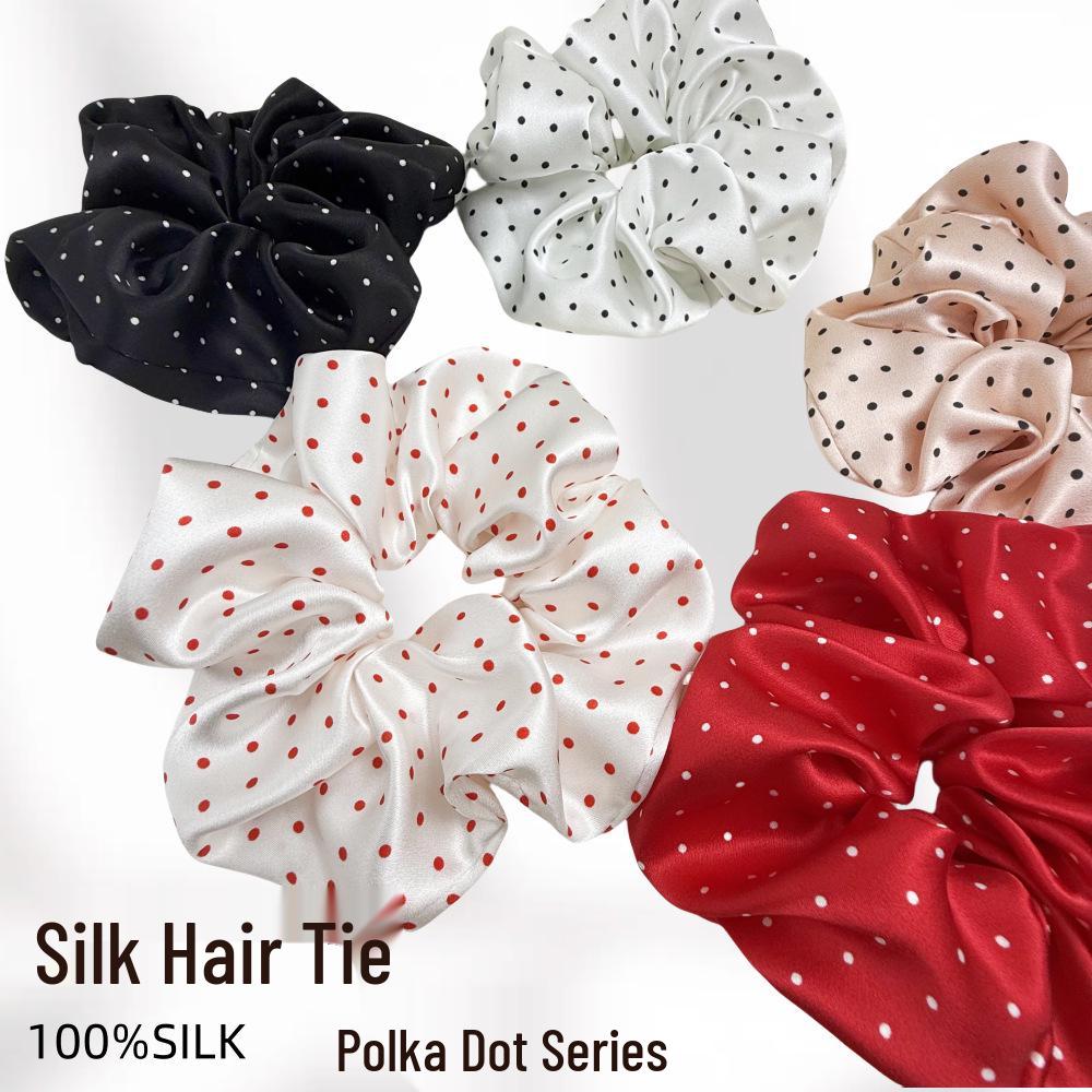 Korean Style Polka Dot Silk Scrunchie - 100% Mulberry Silk, Available in Large, Medium, Small Sizes (19 Momme)