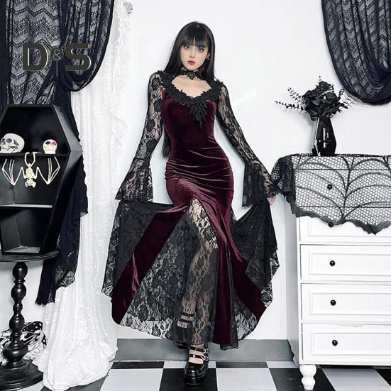 Women Cosplay Dress Dark Style Halloween Party Costume Lace Patchwork Flower Embroidery Fish Tail Hem Long Sleeves Tight Waist A-line Performance