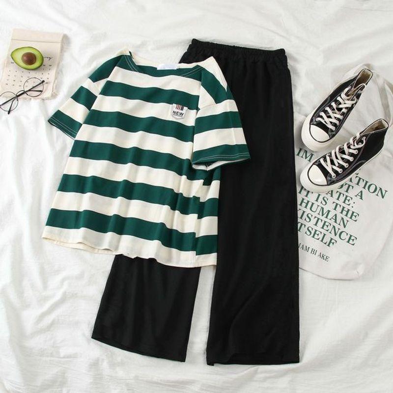 

Striped T-Shirt + Wide Leg Pants Set Short Sleeve Stripes T-shirt + Loose Pants Suit Green S
