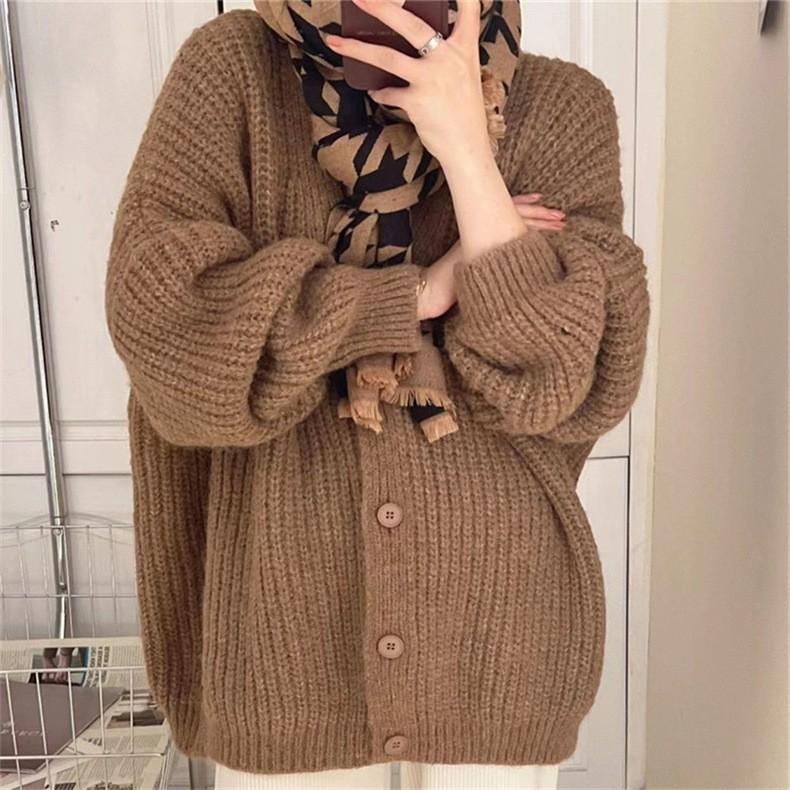 

Весна Осень Зима Свободный Розовый Стройнящий Кардиган Крупной Вязки Большого Размера Женский Свитер Пальто с Длинным Рукавом One Size