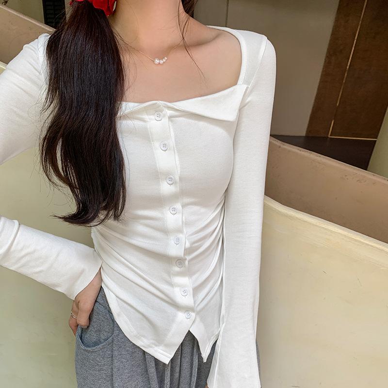 Pure lust style square neck pleated open button long-sleeved T-shirt for women in early autumn thin hot girl irregular slim fit top