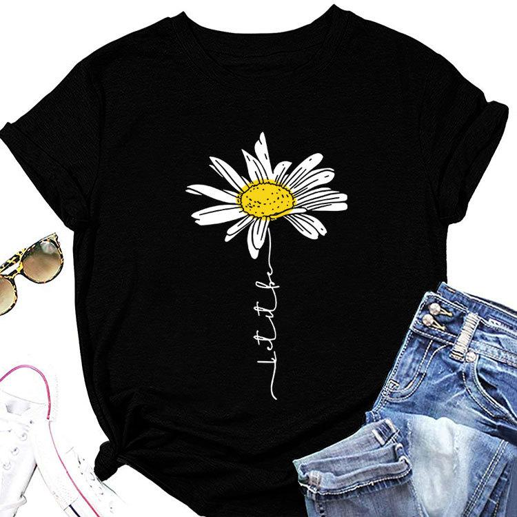 Sommer Rundhals 3D Gänseblümchen Print Top Modische Lässige Kurzarm Damen T-Shirts