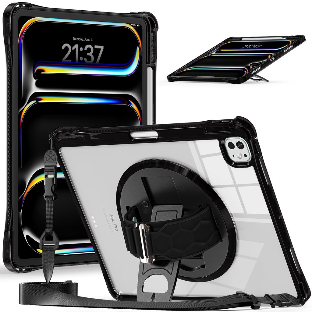For iPad Pro 13 (2024) Kickstand Case Hand Strap PC+TPU+Acrylic Cover with Shoulder Strap