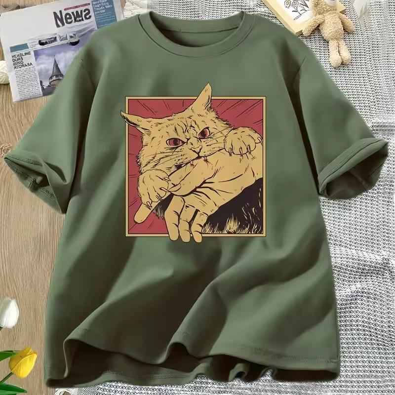 Vintage Cat Bite Cotton T Shirt Japanese Horror Retro Graphic Tee Horror Cats Crazy T Shirts Men Women Fashion Short Sleeve Tees