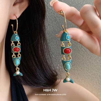 Silver Needle Spanish Retro Enamel Small Fish Tassel Earrings Fashion Personality Earrings Temperament Earrings Design Sense Niche