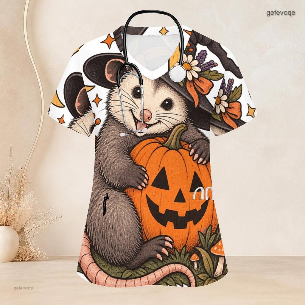 Women Plus Size V Neck Short Sleeve Scrub Top Cowboy Hat Pumpkin Sunflower Cactus Halloween Print Nurse Uniform Top