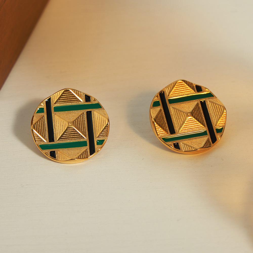 Stylish Gold-Plated Enamel Pyramid Carved Round Stud Earrings
