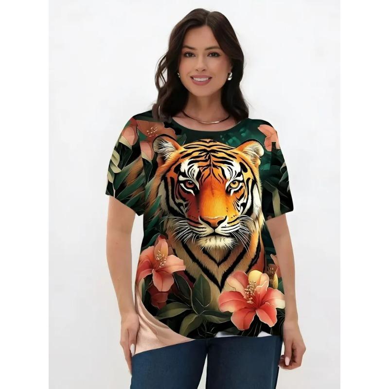 3D Printed Women's Round Neck Tiger Pattern T-shirt Multifunctional Summer Fresh Women's Version T-shirt Breathable Machine Wash Outdoor Top