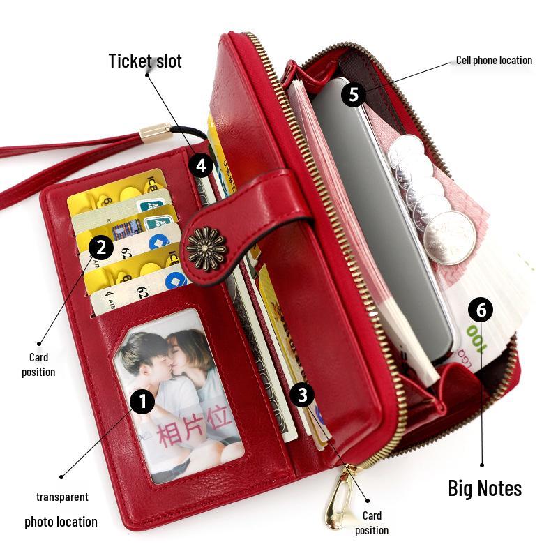 Women's Oil Wax Leather Zipper Wallet with Coin Purse & ID Holder