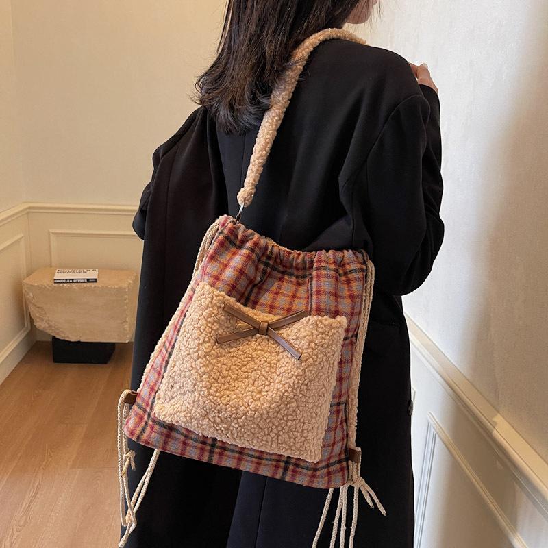 Plaid work double shoulder schoolbag women's lazy wind thickened large capacity backpack morning eight leisure college fitness bag bundle mouth