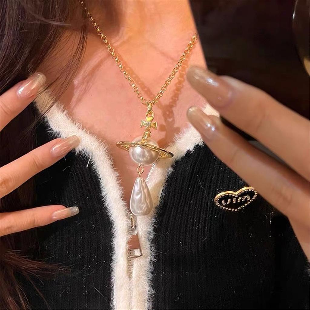 Tooxika Exaggerated Three-dimensional Saturn Baroque Water Drop Pearl Pendant Necklace Light Luxury Temperament Jumper Chain For Women