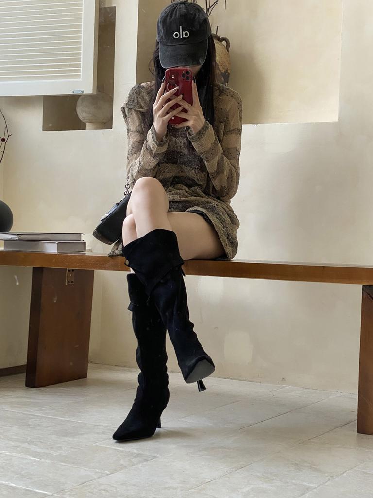 2025 autumn and winter new European and American suede belt buckle pointed head thin heel high heel temperament French fashion sexy women's boots