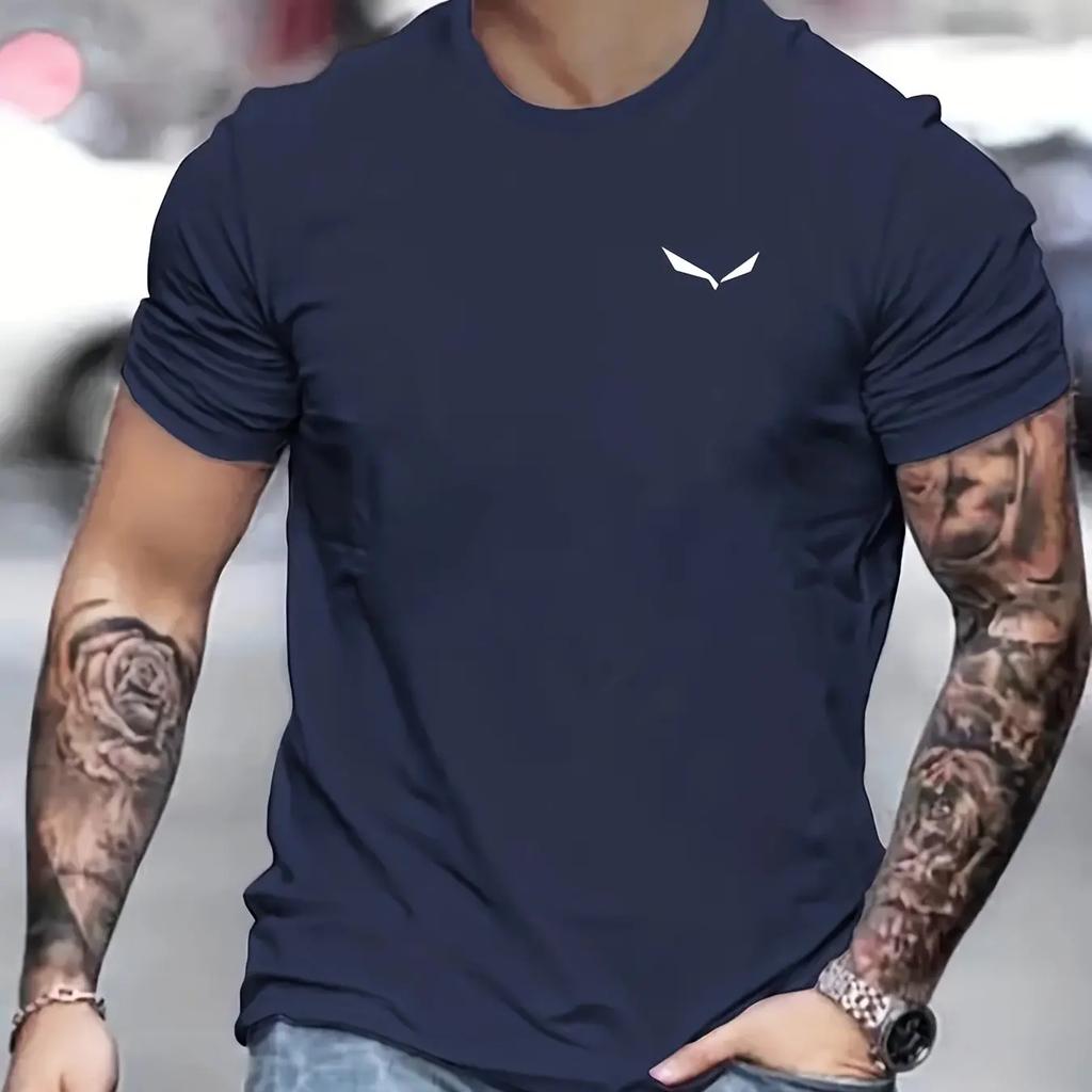 Men's Summer Loose-fitting T-shirt, 100% Polyester Bird Print Slim Casual Round-neck Short-sleeved