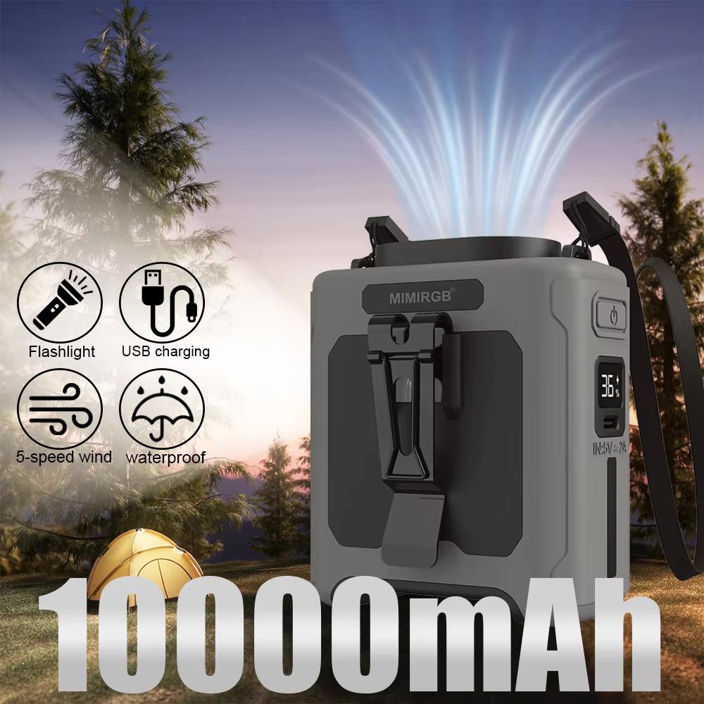 10000mAh Portable Outdoor Waist Fan Hanging Neck Strong Wind with Power Bank LED Lighting for Emergency Sports Outdoor Working