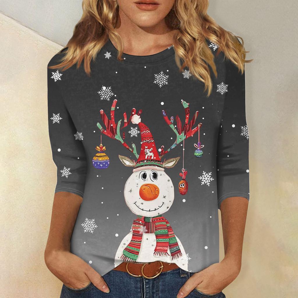 3/4-Ärmel-Shirts für Damen Druck Weihnachts-T-Shirts Blusen Lässig Übergröße Basic-Oberteile Pullover