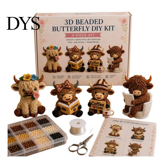 Sammlerstück Perlenkunst 3D Perlen Hochlandkuh Bausatz für Erwachsene, Kleine Tiere, DIY-Bausatz, Bastelset Perlenstickerei-Sets, 4 Niedliche Designs Thematisch