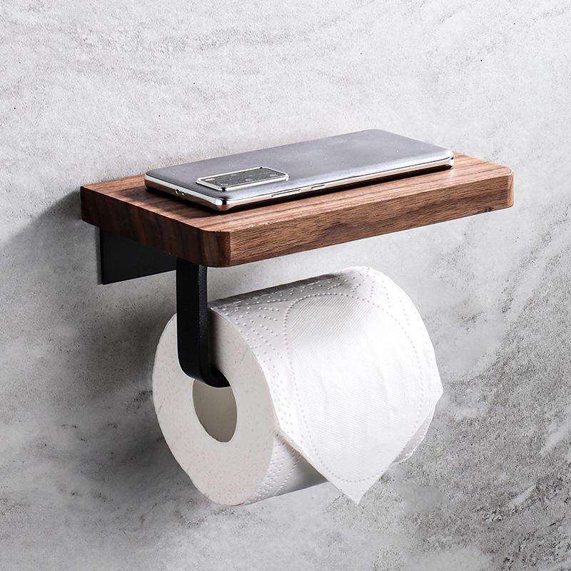 Toilet Paper Holder with Natural Walnut Wooden Shelf Tissue Roll Hanger Wall Mounted Paper Towel Bar Toilet Paper Roll Holder