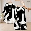 Women Plus Size Two Piece Pant Set Round Neck Half Sleeve Black White Printed High Low Top Wide Leg Pants