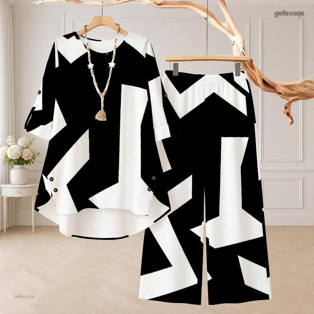 Women Plus Size Two Piece Pant Set Round Neck Half Sleeve Black White Printed High Low Top Wide Leg Pants