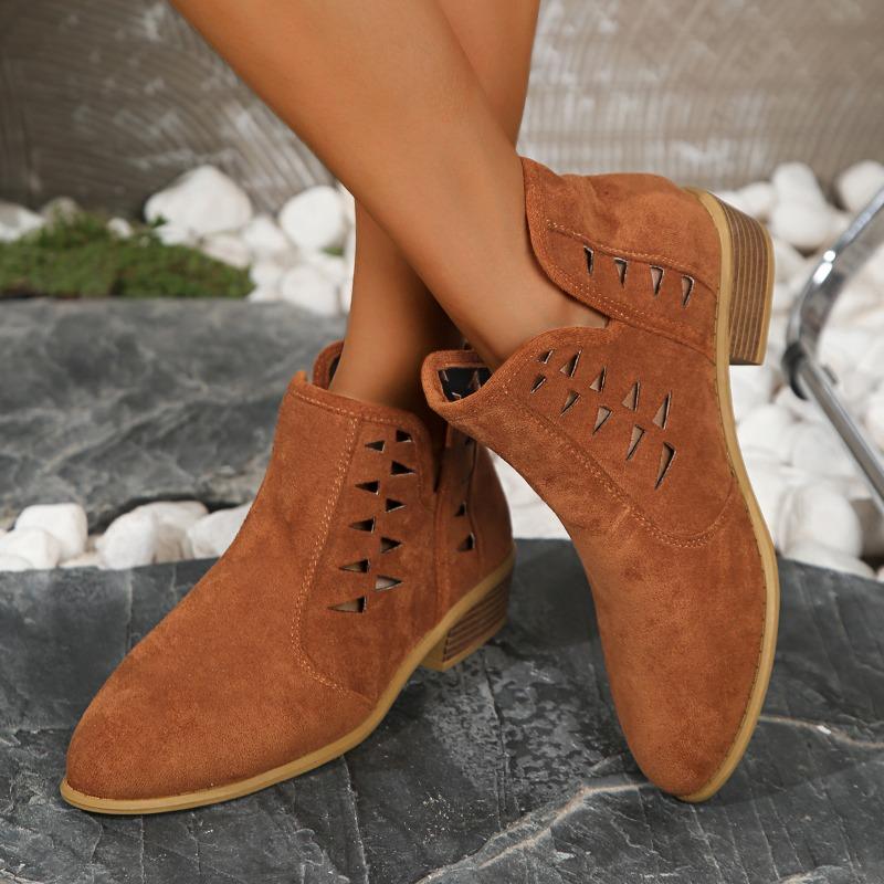 Women's Chunky Single Boots Autumn New Round Head Suede Hollow Breathable Non-slip Short Boots