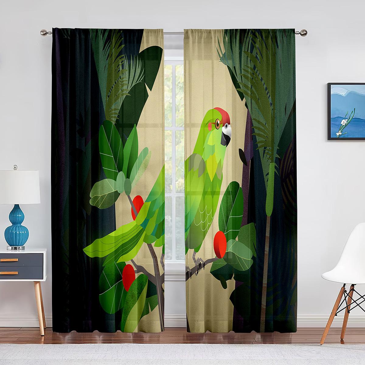 

Красочный попугай, стоящий на ветке, тропические тюлевые шторы для гостиной, домашний декор, оконная занавеска, кухонная прозрачная занавеска из вуали 1 PCS W100XH250cm&Rod Pocket