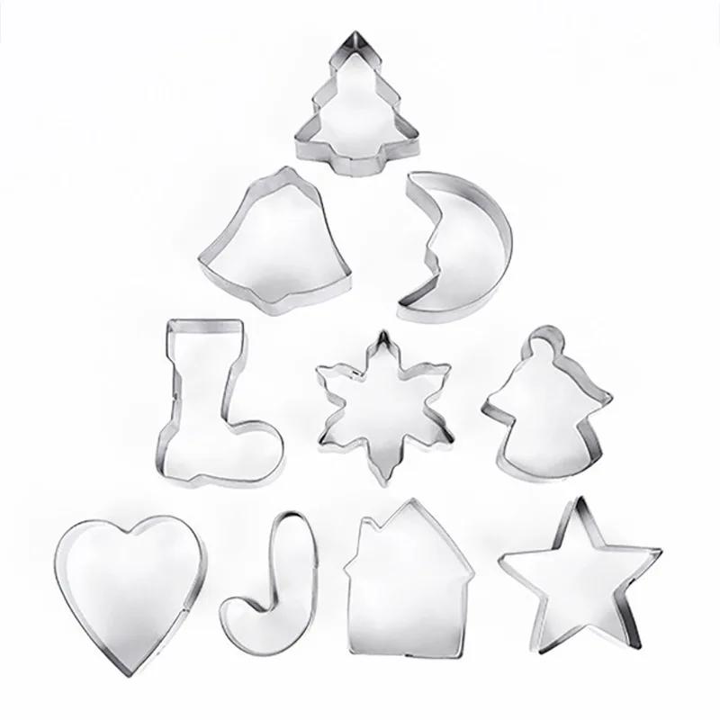 JUSTINLAU 10pcs DIY Baking Mold Christmas Cookie Cutter Set Stainless Steel Gingerbread Xmas Tree Fondant for Holiday Party Gift
