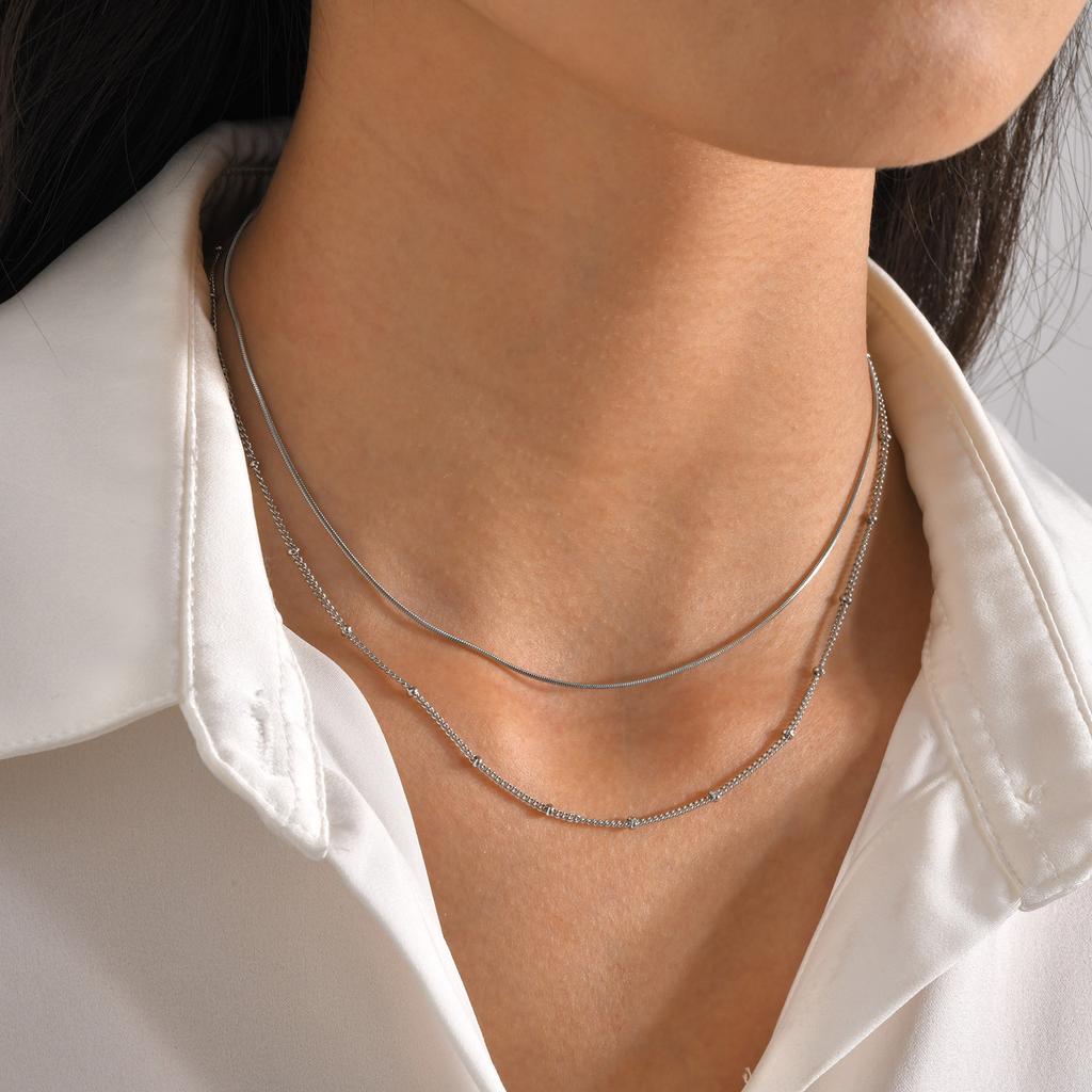 Trendy Double Satellite Chain Necklaces for Women Girls,Gold Color Stainless Steel Link Choker Collar Charm Necklace Party Gifts