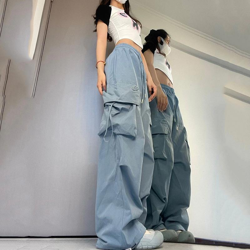 Women Loose Baggy Cargo Trousers Elastic Drawstring Y2K Trouser Wide Leg Parachute Pants with Pockets