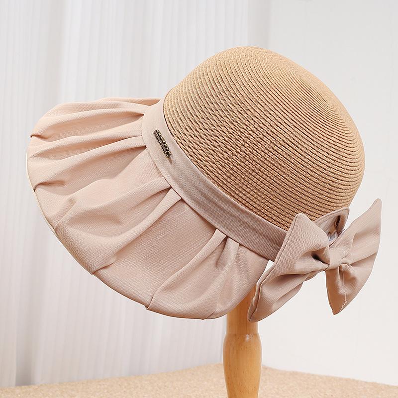 Spring and summer new French straw hat women's big-brimmed sun hat fabric splicing pleated sunscreen hat fine-woven papyrus