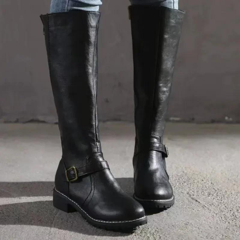 Fashion New Winter Women's Riding Boots 2025 Round Toe Chunky Heel Over-the-Knee High Boots Women's Buckle Platform Shoes Botas Mujer