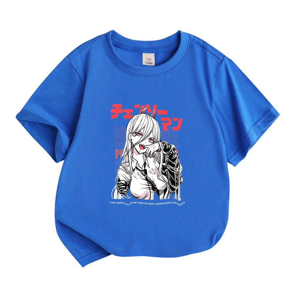 Kids Boys Girls 100% Cotton Crew Neck Short Sleeve T-Shirt, Cool Anime Chainsaw Character Print Casual Soft Breathable Tee for Daily Wear Summer Activ