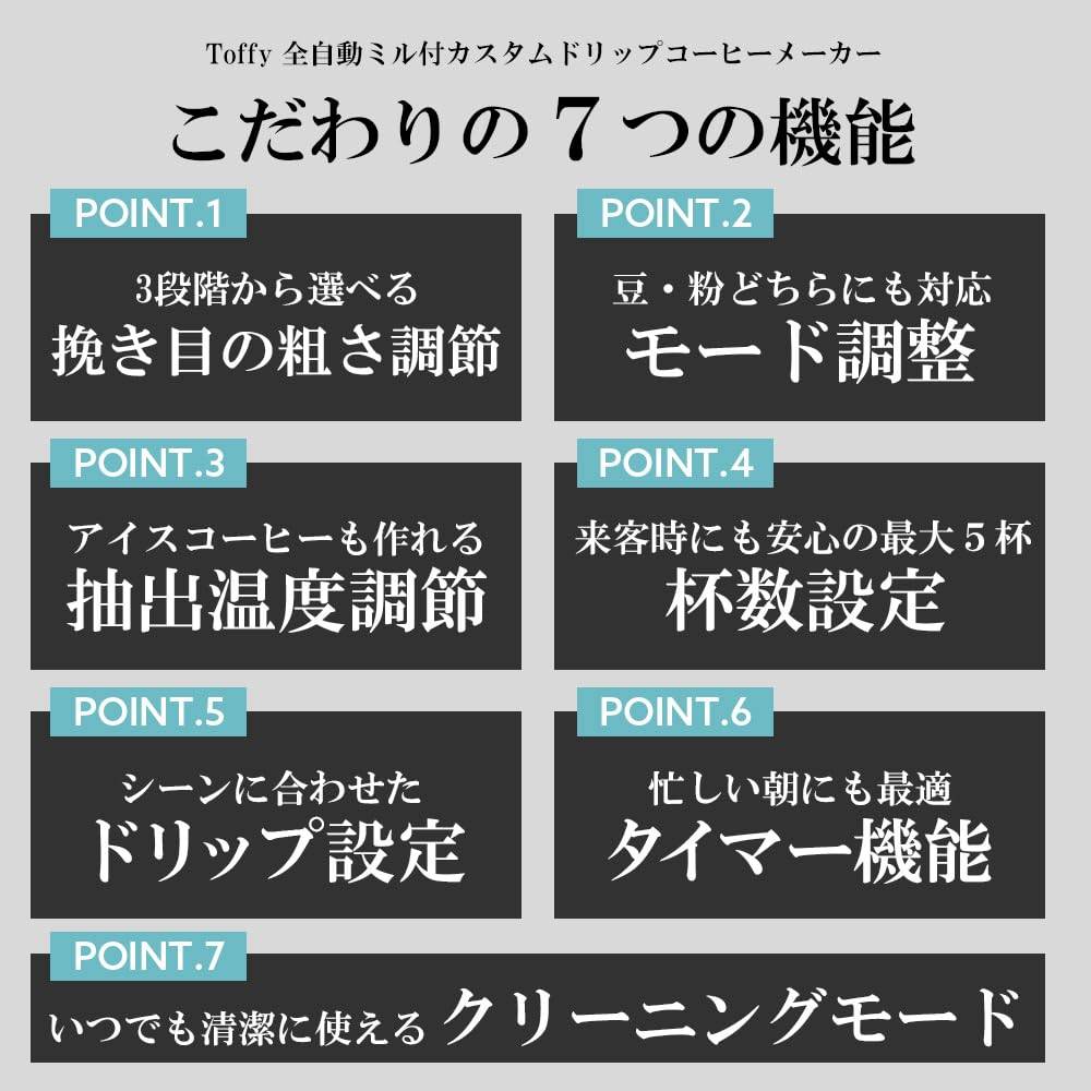 Toffy Fully Automatic Custom Drip Coffee Maker with Bean Stepless Temperature 3 Taste Timer and Cleaning Greige K-CM9 Grinder, Drip, Grinding,