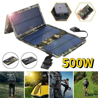 500W 12V Taşınabilir Güneş Paneli Katlanabilir Su Geçirmez Şarj Cihazı Mobil Güç Bankası Telefon Pil Çift USB Bağlantı Noktası