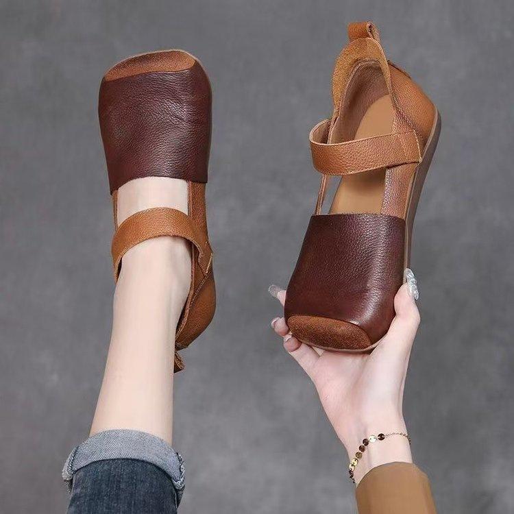 Summer Sandals Women's Flat Bottom Non-slip Hollow Bag Head Color Matching Cool Slippers Soft Leather Retro Literary Mary Jane Shoes Sandals
