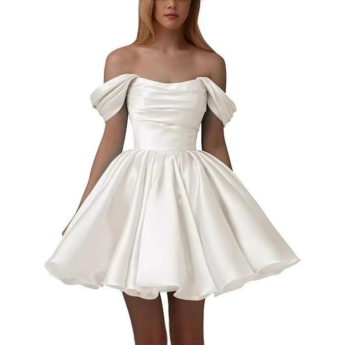 European and American one-word shoulder dress new satin short pleated dance wedding party dress daily dress