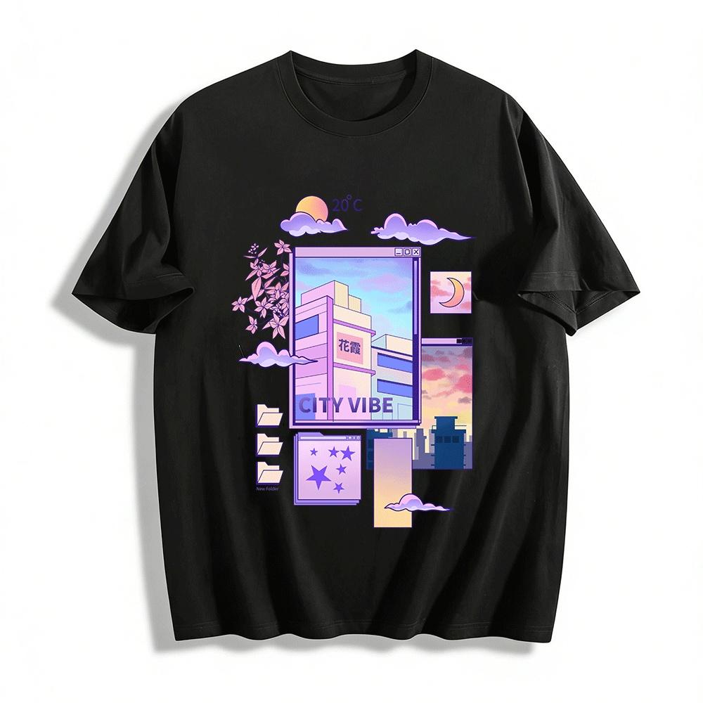 City Vibe Retro Aesthetic Urban Scene Graphic Print Casual Tee Pure cotton T-shirt XXS