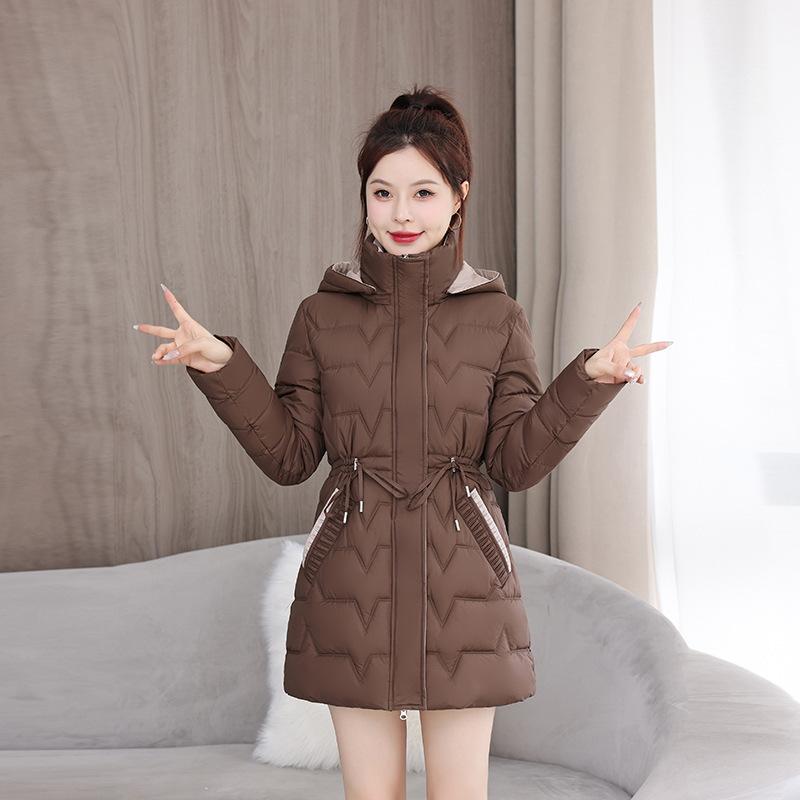 Winter new cotton-padded clothes women's medium and long slim-fitting thickened cotton-padded clothes hooded waist with down cotton-padded jacket