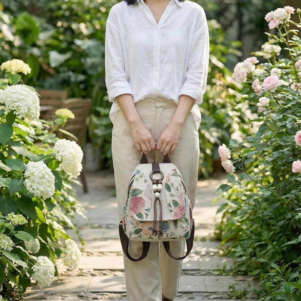Embroidered Flower Double Shoulder Bag - Women's Literary Backpack, Ethnic Style, Vintage Travel Bag