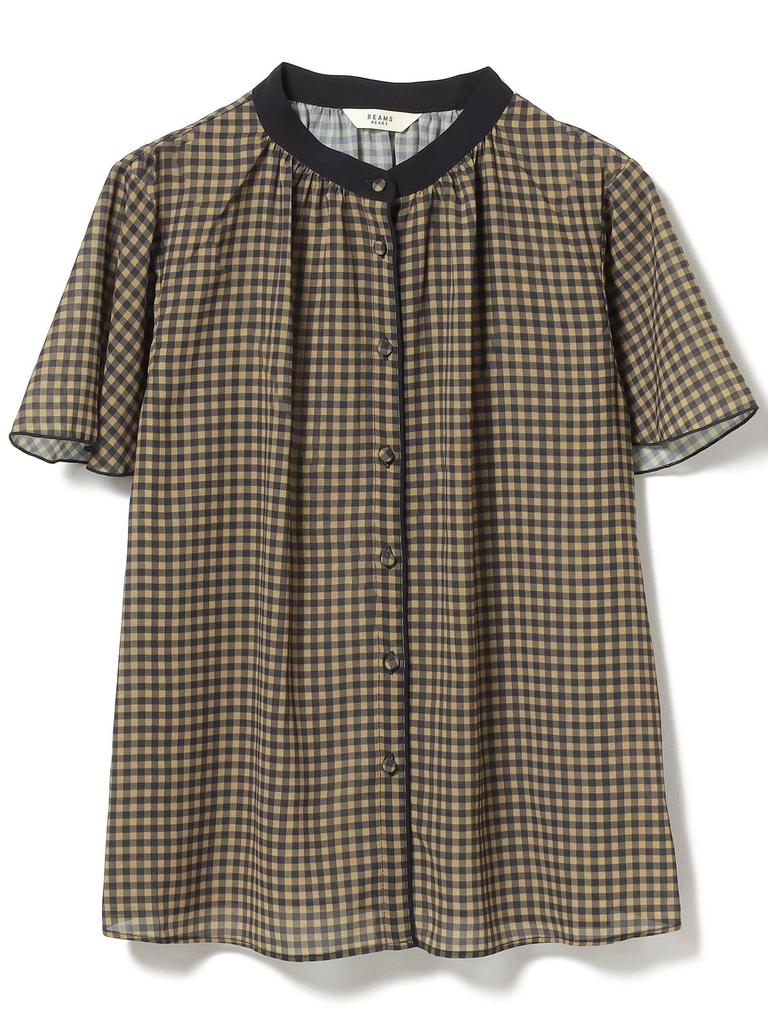 Beams Heart Cleric Blouse with Mellow Free Size Women's S/S Sleeves, Brown.Gingham,