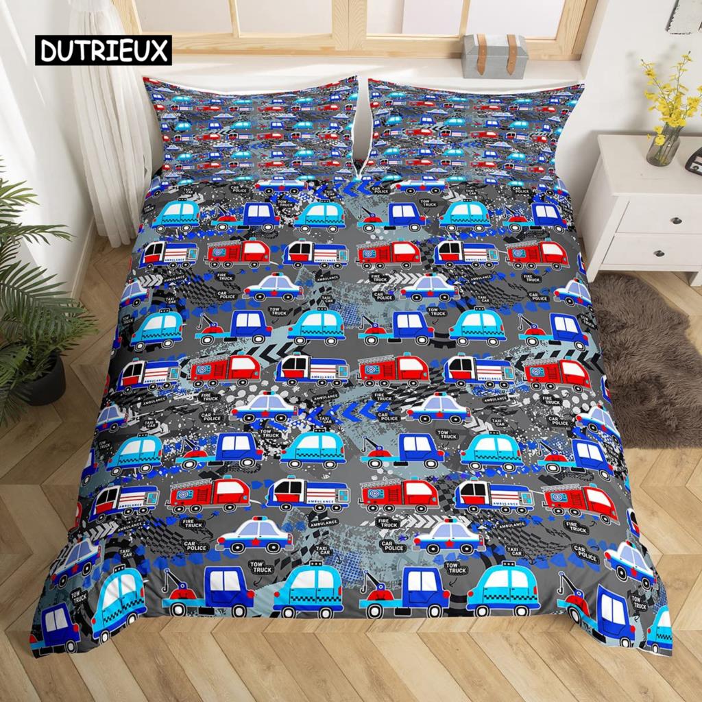 Fire Truck Duvet Cover Set Twin Size Red Firemen Car Vehicle Bedding Set Fire Engine Pattern for Boys Tire Printing Quilt Cover