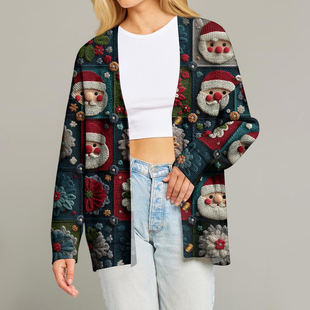 Women's Fashion Long Sleeve Print V-Neck Button Loose Cardigan Top